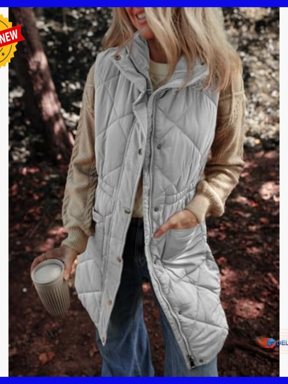 Long Puffer Vest Stand Collar Sleeveless Winter Coat with Pockets - Picture 3 of 7